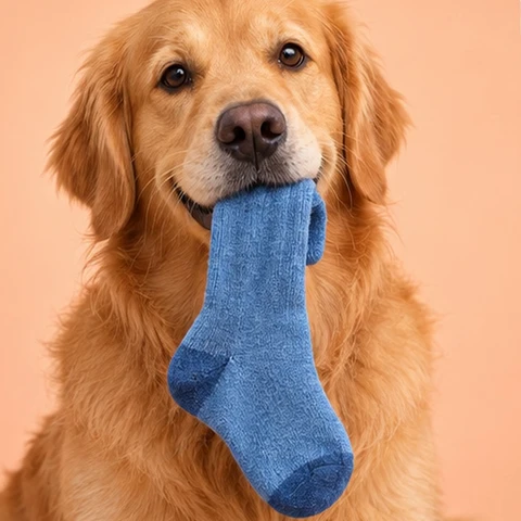 Ağzında mavi çorap tutan golden retriever Çorap