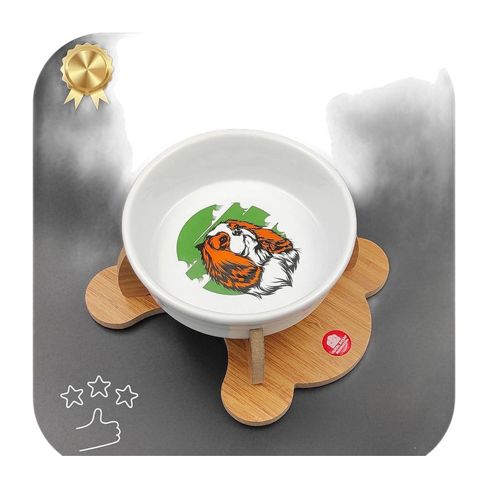 Kaydırmaz Tabanlı Seramik Kaseli Ahşap Tekli Köpek Kedi Mama Ve Su Kabı