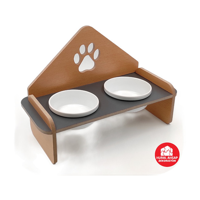 Ahşap Seramik Kaseli Kedi Köpek Mama Kabı