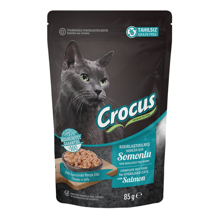 Crocus Tahılsız Kısırlaştırılmış Kedi Somonlupouch Jöleli Yaş Mama 85 G